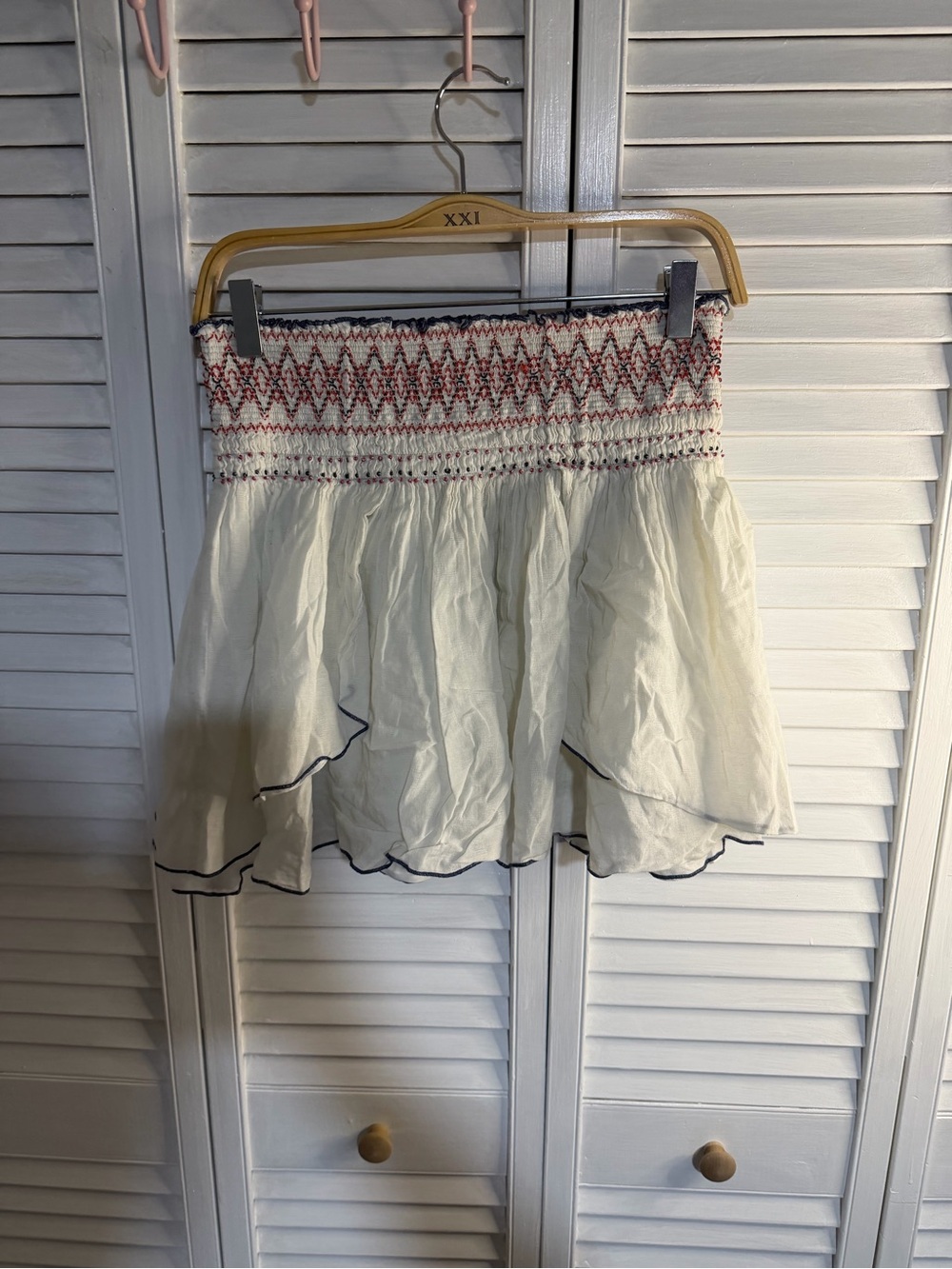 Free People White Smocked Mini Skirt with Red Embroidery and Navy Trim